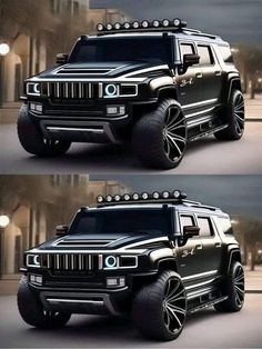 two pictures of a black hummer truck with lights on it's sides and the front