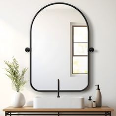 a bathroom with a sink, mirror and plant on the counter top in front of it