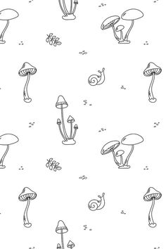 black and white drawing of mushrooms on a white background, with small dots in the middle