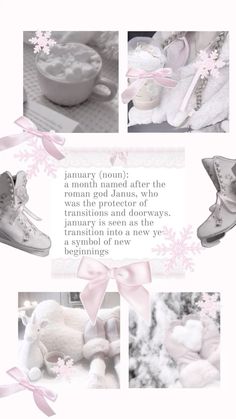 a collage of photos with baby shoes and teddy bears in snowflannes