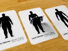 three card game cards with the silhouettes of people and their names in black on them