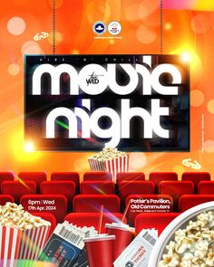 a movie night poster with popcorn, sodas and tickets in front of an orange background