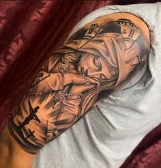 Jesus Tattoo Sleeve, Mother Mary Tattoos, Egyptian Eye Tattoos, Arm Tattoos Black, Bicep Tattoo Men, Art Inspired Tattoos, Left Arm Tattoos, Half Sleeve Tattoos Forearm, Half Sleeve Tattoos Drawings