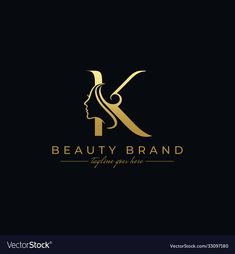 the letter k with a woman's face in gold on a black background logo for beauty