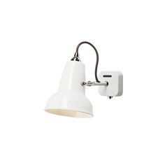 a white wall light with a black arm