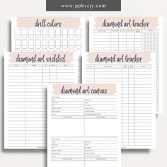 the printable diamond art tracker is shown in three different colors and sizes, including pink