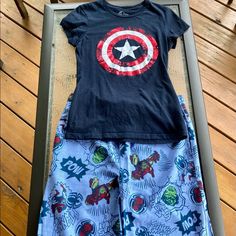 I Can’t Tell You How Sad I Am That These Pieces Don’t Fit Me. They Are Not An Official Set But Separate Pieces That I’m Reposhing Together. Euc Captain America Fitted Women’s Tshirt From Universal Studios, Size Medium Nwot Marvel Pajama Pants With Wide Legs And Drawstring/Elastic Waist, Size 32/34 Smoke Free Home Wonder Woman Pajamas, Casual Graphic Print T-shirt For Pajama Party, Casual Cotton T-shirt For Pajama Party, Casual T-shirt With Graphic Print For Pajama Party, Casual Graphic Print T-shirt For Pajamas, Cotton Graphic Print Bottoms For Pajama Party, Cotton T-shirt For Pajama Party With Relaxed Fit, Cotton Relaxed Fit T-shirt For Pajama Party, Blue Cotton Graphic Print Sleepwear