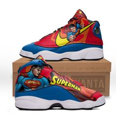 Superman JD13 Sneakers Super Heroes Custom ShoesAll of our JD13 Sneakers styles are custom-made-to-order and handcrafted to the highest quality standards. Microfiber leather upper with rounded toe construction.Lace-up closure for a snug fit. Rubber outsole pods are strategically placed to optimize traction and flexibility. High-quality rubber outsole for traction and exceptional durability. Please allow 7-10 business days to receive a tracking number while your order is hand-crafted, packaged an Adidas Shoes Mens Sneakers, Superman Shoes, Custom Shoes Men, Jordan 13 Shoes, Adidas Shoes Mens, Cartoon Shoes, Batman Vs Superman, Sneaker Games, Jordan 13