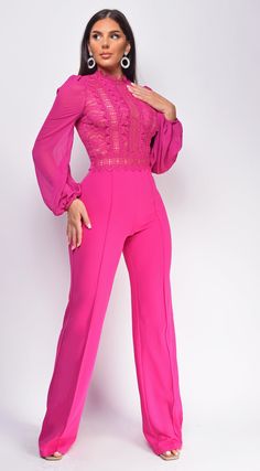 Nerine Magenta Pink Crochet Lace Mesh Jumpsuit – Emprada Pink Tight Jumpsuit Home, Pink Jumpsuit Party, Hot Pink Spandex Jumpsuit, Luxury Glamorous Pink Jumpsuit, Black Sequin Jumpsuit, Mesh Jumpsuit, Stretch Jumpsuit, Organza Sleeves, Sequin Jumpsuit