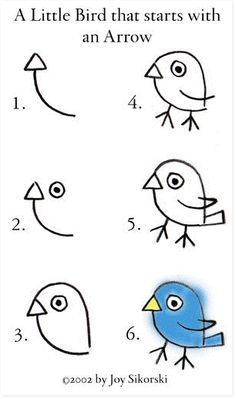 the instructions for how to draw birds with different shapes and sizes, including one blue bird