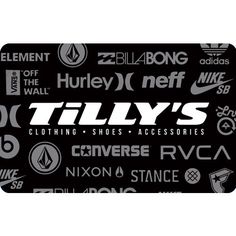 a black and white tag with the word tillys on it's front side