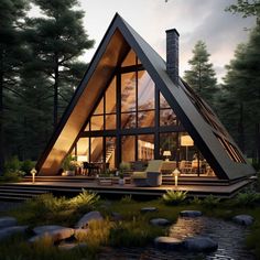 a - frame cabin in the woods is lit up at night with lights on it