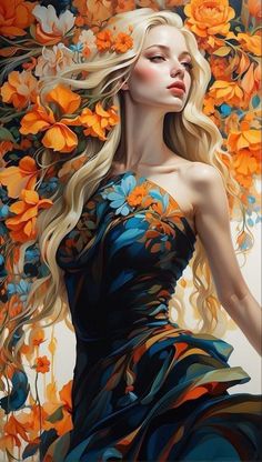 a painting of a woman with long blonde hair and blue dress surrounded by orange flowers