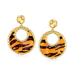 Ross-Simons - Italian Tiger-Print Enamel Drop Earrings in 14kt Yellow Gold. Let your style roar! Our exotic earrings from Italy feature playful tiger-print enamel in a chic open-space drop design that will add excitement to any outfit. Crafted in textured and polished 14kt yellow gold. Hanging length is 1". Post/clutch, tiger-print enamel drop earrings. Jewelry Presentation, Gemstone Drop Earrings, Knot Stud Earrings, Knot Studs, Gold Sign, Drop Design, Tiger Lily, Drops Design, Tiger Print