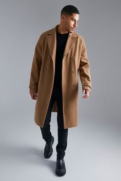 Tall Double Breasted Wool Look Overcoat | boohooMAN USA Outwear Outfit Men, Beige Coat Outfit Men, Camel Coat Outfit Men, Palto Men, Male Overcoat, Men Coat Outfit, Mens Sport Coat Outfit, Beige Coat Outfit, Professor Style