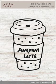 a cup of coffee with the words pumpkin latte on it is shown in black and white