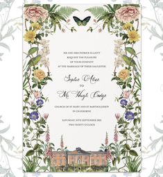 a wedding card with flowers and butterflies on the front, surrounded by leaves and foliage