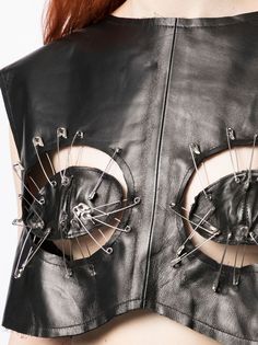 Find NATASHA ZINKO Leather Afety-pin-detail Top on Editorialist. black leather safety pin detail sleeveless round neck cropped Safety Pin Corset, Safety Pin Skirt, Leather Tank Top, Punk Top, Ideal Closet, Natasha Zinko, Punk Design, Black Pins, Leather Crafts