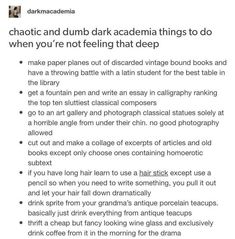 Dark Academia Drinks, Academia Love Aesthetic, Chaotic Dark Academia, Dark Academia Things To Do, Punk Academia Aesthetic, Dark Academia Things, Chaotic Academia Aesthetic, Punk Academia, Writing Aesthetic