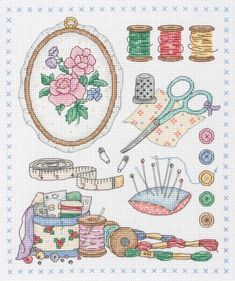 a cross stitch pattern with sewing supplies