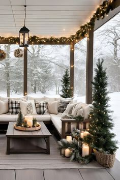 Christmas Porch Inspiration, Victorian Porch Christmas Decor, Christmas Decor Screened Porch, Outside Christmas Porch Decor, Christmas Screened Porch Decor, Sunroom Decorated For Christmas, Christmas Screen Porch Decorating Ideas, Christmas Decorations Porch Outdoor, Neutral Christmas Front Porch