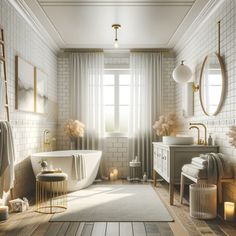 a bathroom with white brick walls and wooden floors