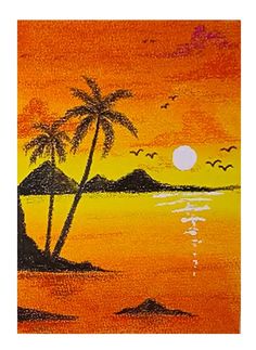 an orange sunset with palm trees and birds flying in the sky above water, on a canvas