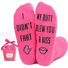 Weird SocksThese fuzzy dark pink socks for her feature a funny saying "I DIDN'T FART MY BUTT BLEW YOU A KISS" printed on the soles. Funny socks are perfect for making her laugh.Size & MaterialThese fluffy socks are made of plush coral fleece, providing ultimate comfort and warmth. Designed to fit women's shoe sizes 6-10. Our fuzzy socks also feature black non-slip soles, ensuring your safety on wood and tile floors.Cupcake PackagingTo ensure eas... Socks That Look Like Shoes, Silly Slippers, Weird Socks, Weird Shoes, Daily Vibes, Her Laugh, Silly Socks, Silly Gifts, Joke Gifts