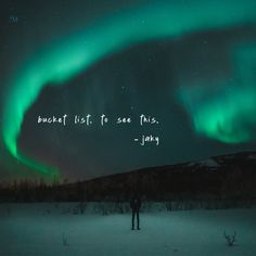 a person standing in the snow under an aurora bore with a quote written on it