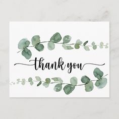 thank card with watercolor leaves and the words thank you