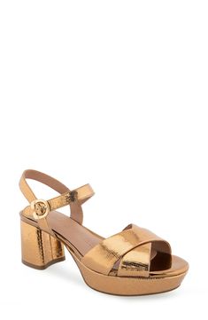 A sleek open buckle fastens the adjustable ankle strap of this elegant sandal that rests atop a grippy rubber sole. 2 1/2" heel; 1" platform Leather or synthetic upper/synthetic lining/rubber sole Imported Low Platform Heels, Wide Width Sandals, Women Platform Sandals, Dressy Sandals, Elegant Sandals, Comfort Shoes Women, Aerosoles Shoes, Stylish Sandals, Dress Sandals