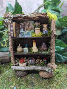 a book shelf filled with lots of books on top of a lush green forest floor