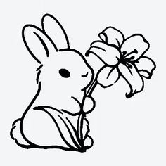 a drawing of a bunny holding a flower