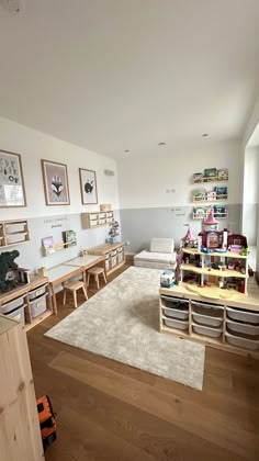 a living room filled with furniture and lots of shelves on the wall next to a white rug