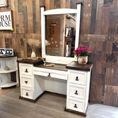 Maximize style and functionality with our Farmhouse Vanity. Featuring a rustic farmhouse design, this vanity adds charm and character to any bathroom while providing ample storage space. Upgrade your bathroom with this expertly crafted and timeless piece. DIMENSIONS: 53 3/4” (W) x 18" (D) x 32 1/4" (H) — Overall 29”(H) — Seat Area 23 3/4” (W) — Seat Area 16” (D) — Seat Area 43 1/2” (H) — Mirror 30 3/4” (W) Mirror 1" (D) Small Western Makeup Vanity, Wooden Dresser With Mirror, Refinished Vanity Antique, Rustic Vanity Ideas Bedroom, Western Vanity Ideas, Rustic Makeup Vanity Ideas, Western Vanity, Country Vanity, Refinished Vanity