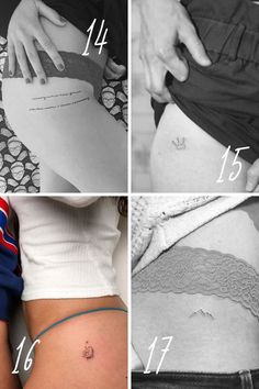 four different pictures showing how to get tattoos on each side of the thighs and stomach