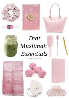 there are many items that can be found in this pink and white photo with the words that mustnah essentials