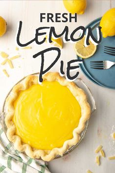 a lemon pie with the words fresh lemon pie on it