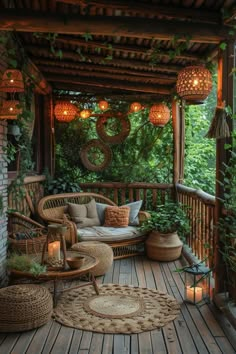 a wooden porch with wicker furniture and plants