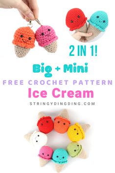 the crochet ice cream is being held up by two hands and has five small pieces