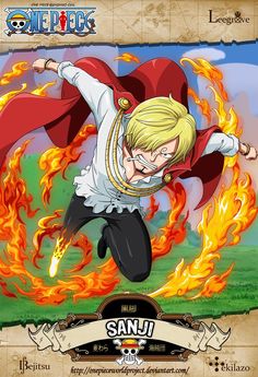 an anime character flying through the air with fire coming out of his chest and arms