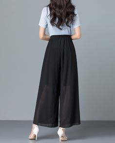 * Wide-leg skirt-shaped pants spun with high-quality chiffon fabric. * Elastic waistband and A-line shape, make you look more taller and thinner. *Material: 100% chiffon *Let us know your regular size and overall height in your country. *The waist size and length can be customized. *Size: True to US size, can provide US 0 to US 20 , you can tell us your usual size and height when ordering. * Shipping: Free shipping Processing time: 5-7 working days Delivery time: 7-20 working days Black Dress Pants Loosely Fitted For Spring, Black Dress Pants With Loosely Fitted Hips For Spring, Black Full-length Summer Dress Pants, Black High-waisted Wide Leg Pants For Summer, Black Wide Leg Pants For Summer, Black Wide-leg Dress Pants For Summer, Black Wide Leg Summer Culottes, Black Wide Leg Culottes For Summer, Black High-waisted Dress Pants For Summer