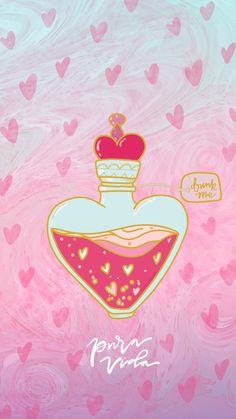 a pink background with hearts and a perfume bottle