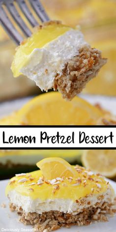 lemon pretzel dessert on a plate with a fork