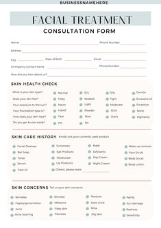 a printable facial treatment form for the skin care industry, with information about it