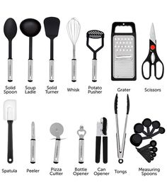 the kitchen utensils are labeled in black and white, including spatulas