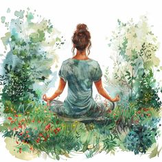 a watercolor painting of a woman meditating in a garden