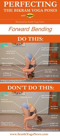 a woman doing yoga poses with the words forward bending do this don't do this