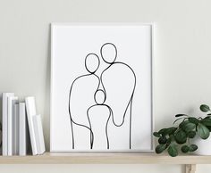 a black and white drawing of two people holding each other on a shelf next to books