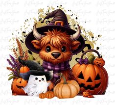 a dog wearing a witches hat surrounded by pumpkins and other halloween related items on a white background